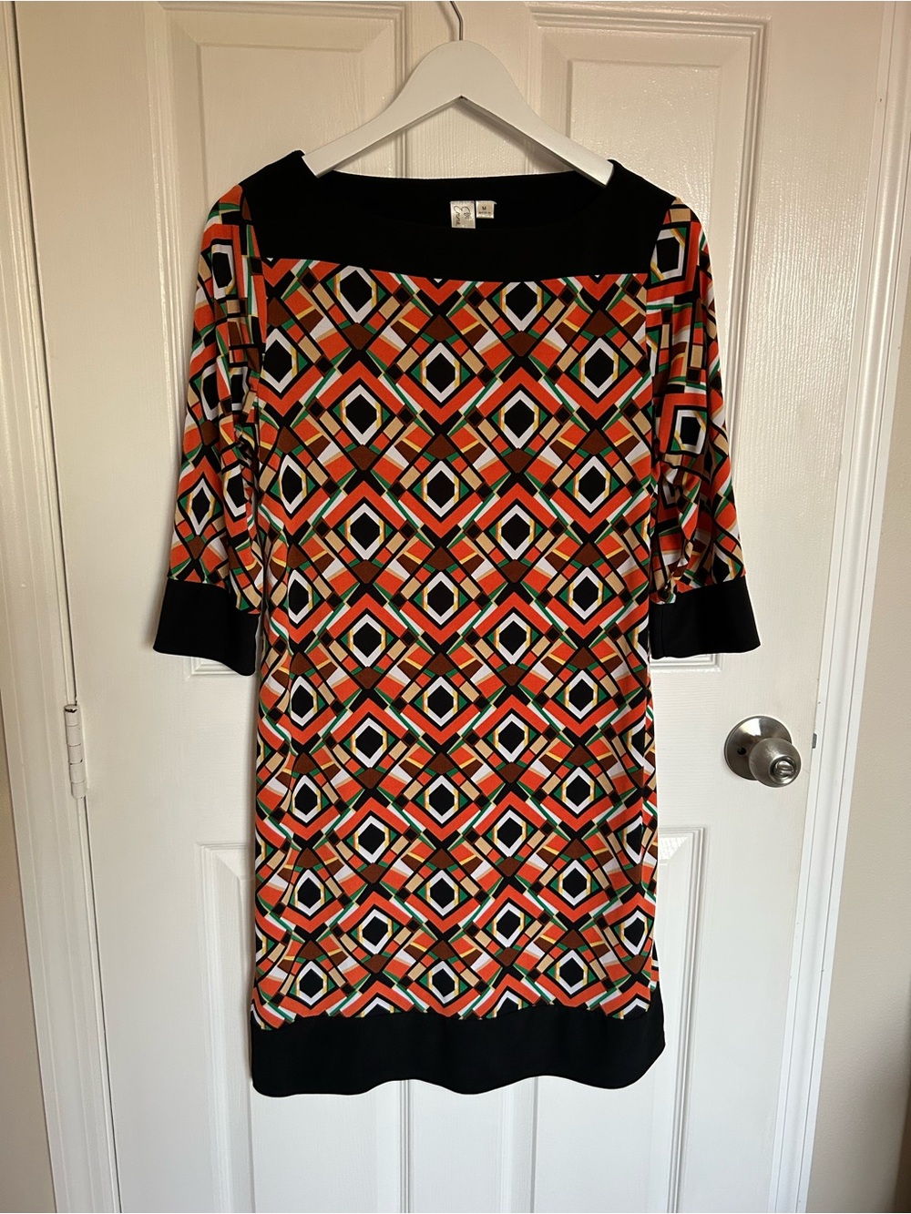 Emma & Michele Geometric Print Midi Dress in Orange, Black, White, Green